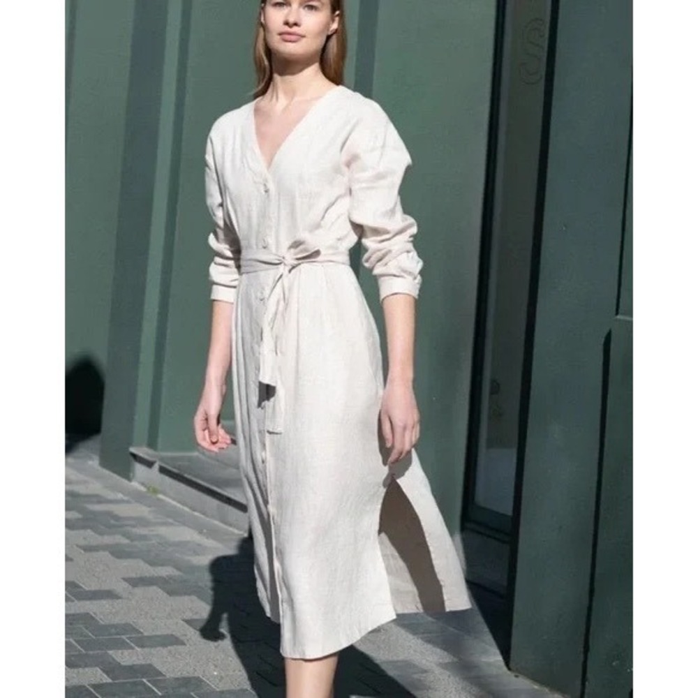 Xirena Women's Lucy Button Front Midi Shirt Dress V Neck Linen Belted Pockets XL